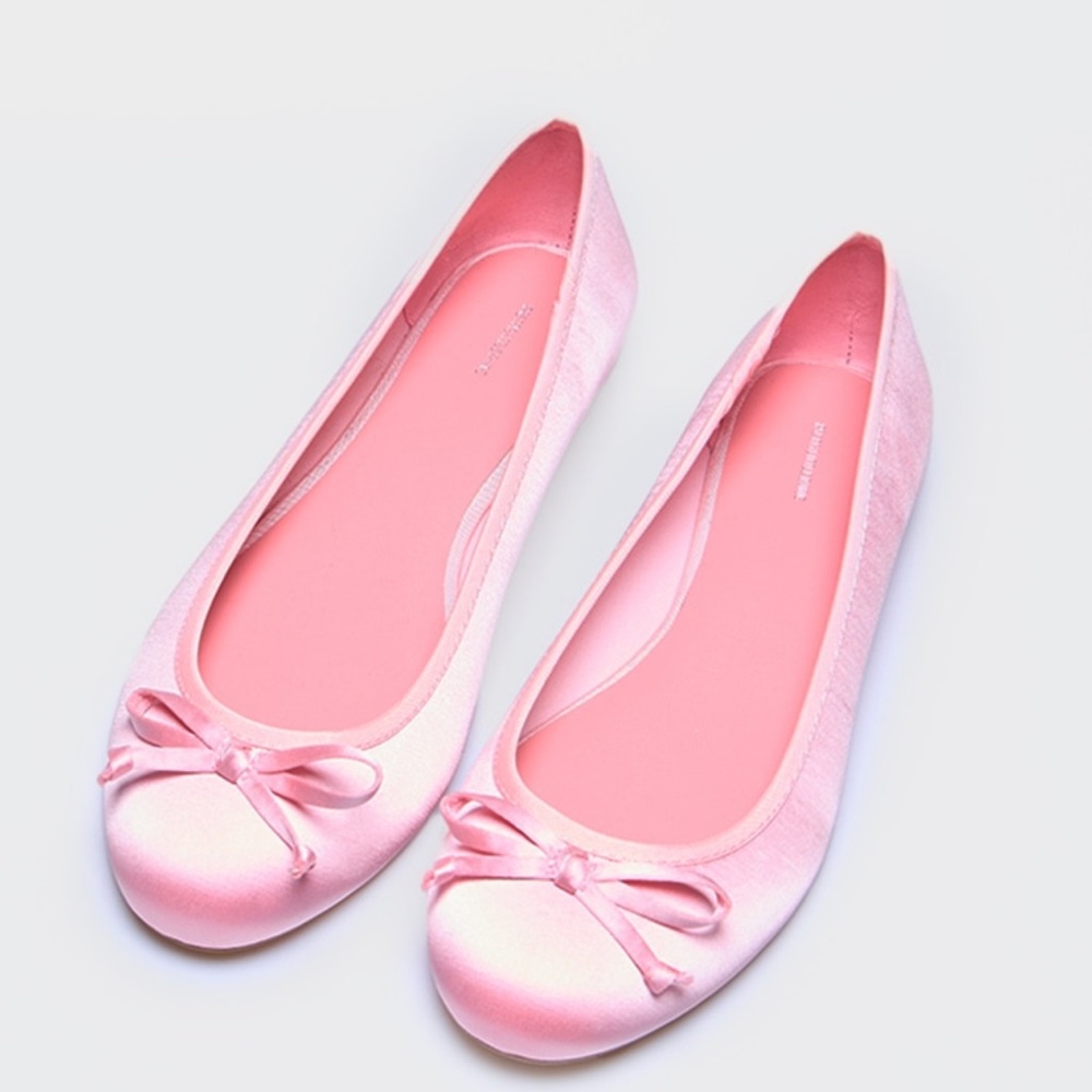 PINK SATIN ROUND TOE BOW DETAIL BALLET FLATS - Picture 5 of 7